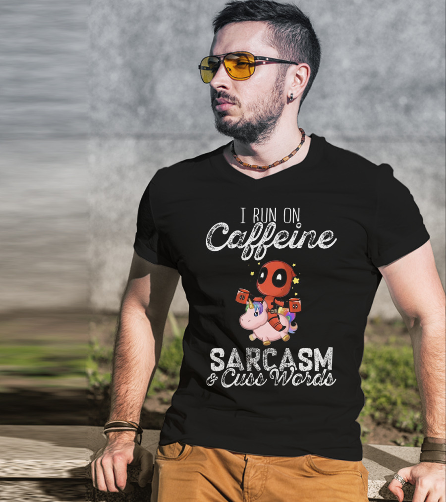 Deadpool Riding Unicorn I Run On Caffeine Sarcasm Cuss Words T-Shirt
