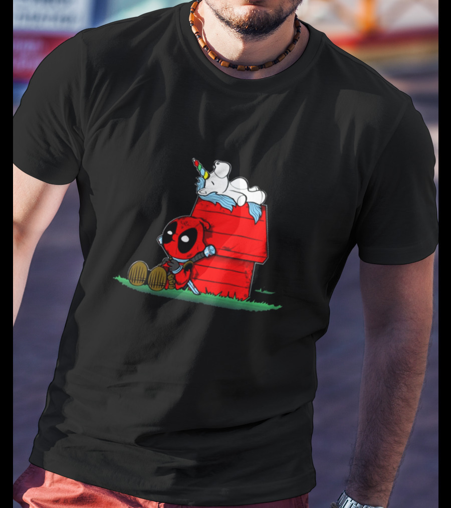 Deadpool And Snoopy Unicorn Crossover On Doghouse With Red And Black Accents T-Shirt
