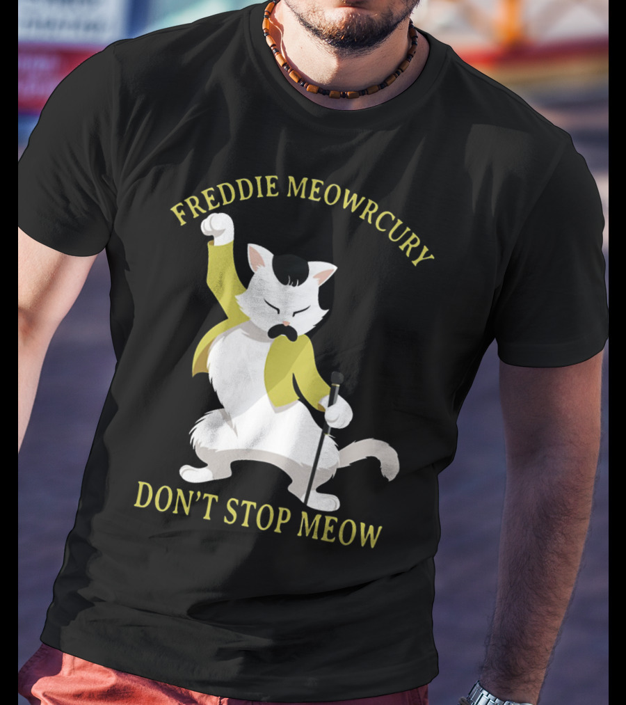 Freddie Meowrcury Don’t Stop Meow Funny Cat Parody With Iconic Pose And Yellow Jacket T-Shirt