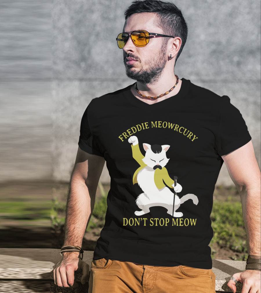 Freddie Meowrcury Don’t Stop Meow Funny Cat Parody With Iconic Pose And Yellow Jacket T-Shirt