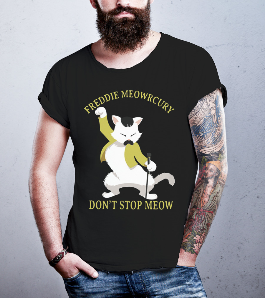 Freddie Meowrcury Don’t Stop Meow Funny Cat Parody With Iconic Pose And Yellow Jacket T-Shirt
