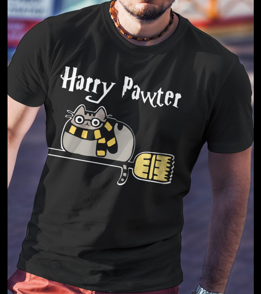 Harry Pawter Pusheen Cat On Broom With Scarf T-Shirt