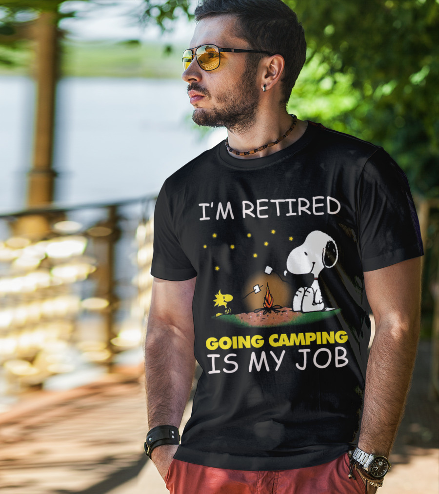 I’m Retired Going Camping Is My Job Snoopy And Woodstock Campfire Scene T-Shirt