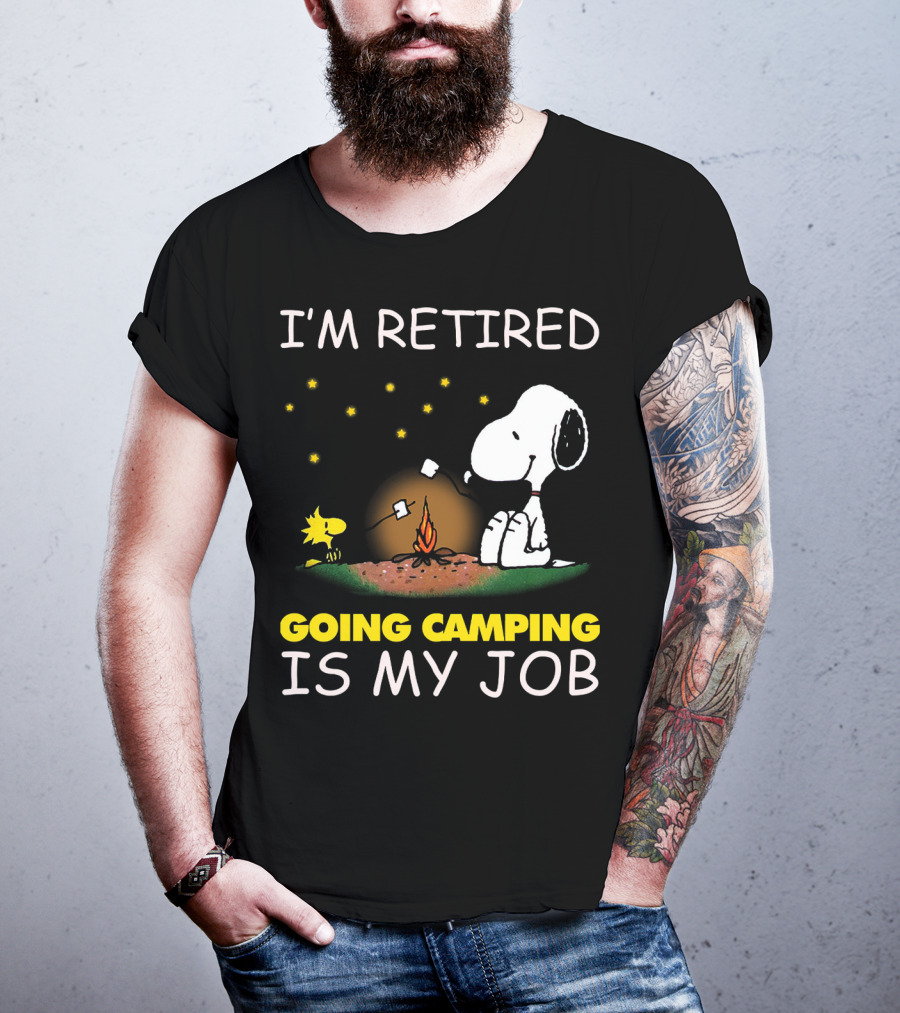 I’m Retired Going Camping Is My Job Snoopy And Woodstock Campfire Scene T-Shirt
