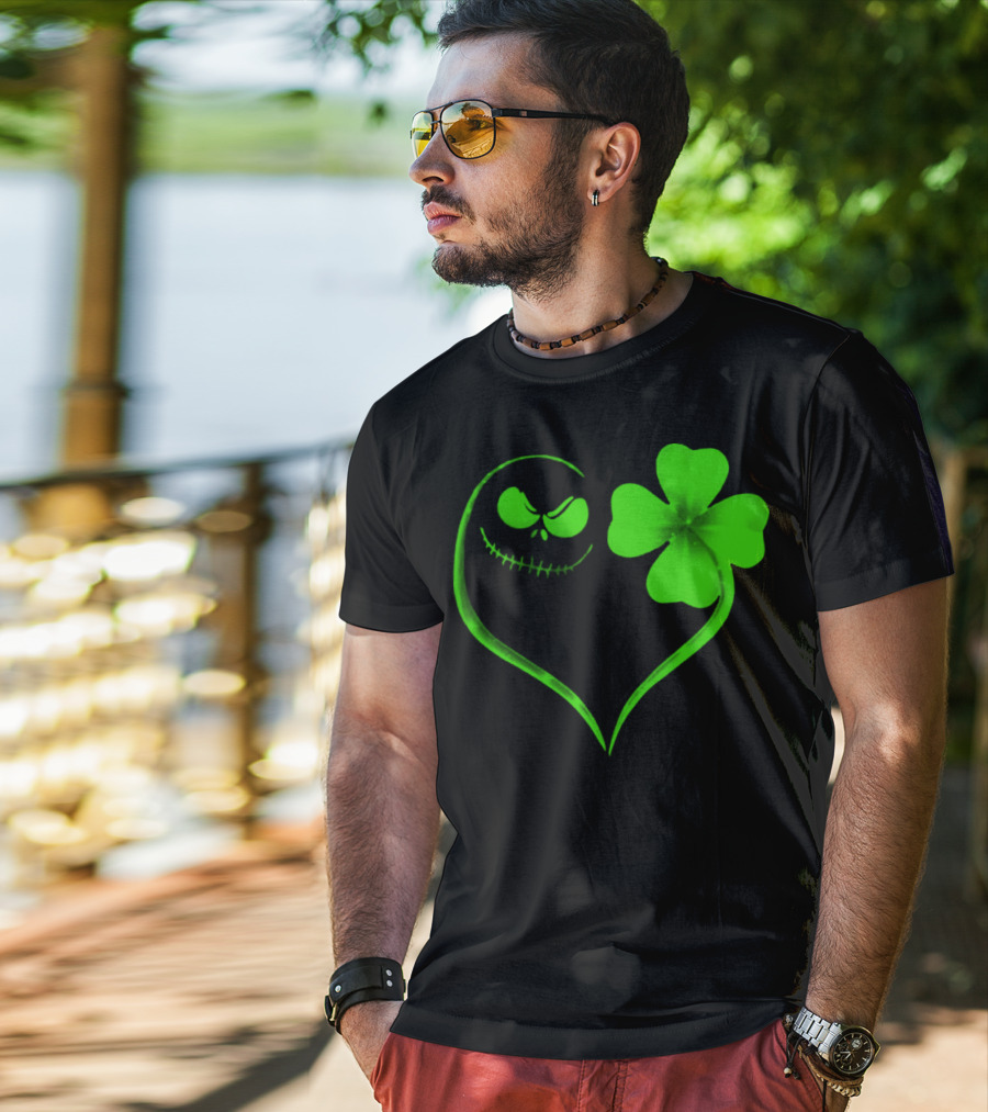 Jack Skellington Heart With Shamrock For St. Patrick's Day T-Shirt