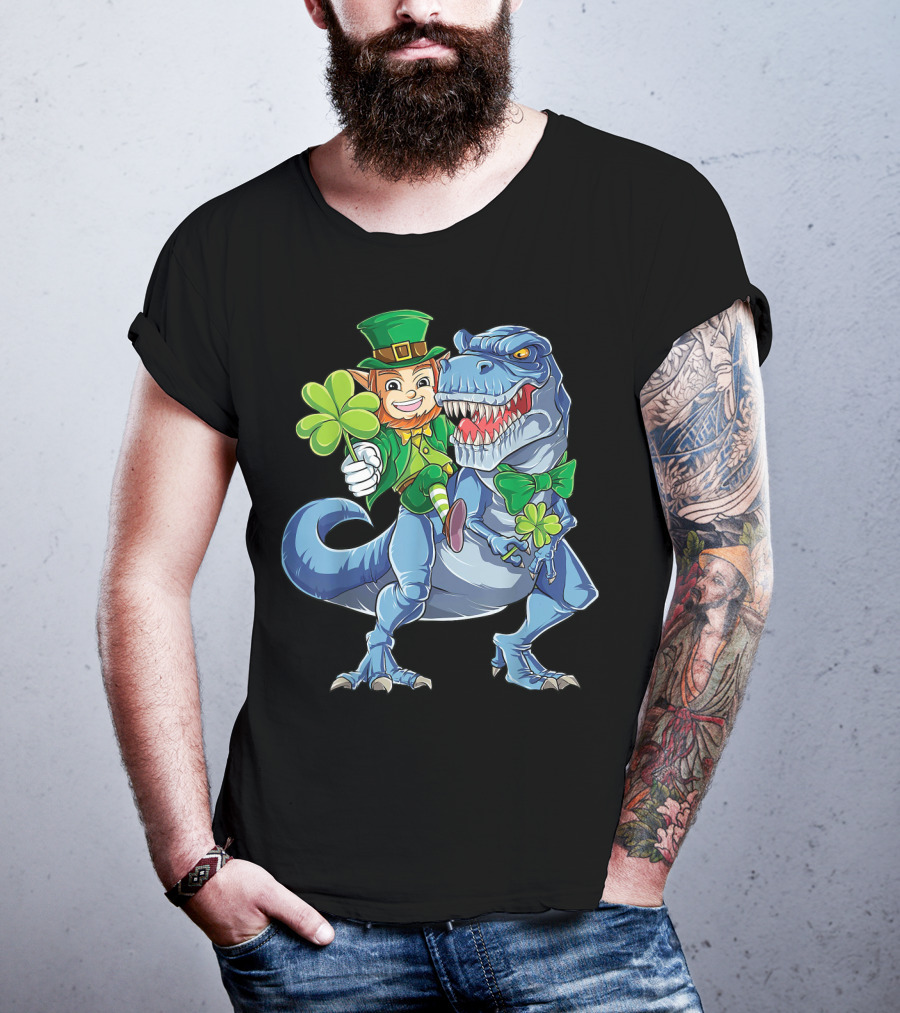 Leprechaun With Shamrock And Bowtie Riding T-Rex Dinosaur T-Shirt