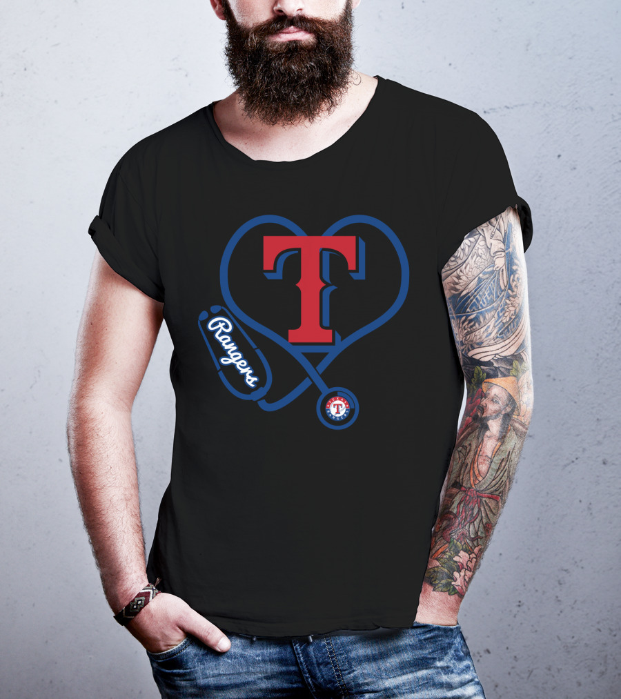 Nurse Heartbeat Texas Rangers Fans T Logo Stethoscope T-Shirt