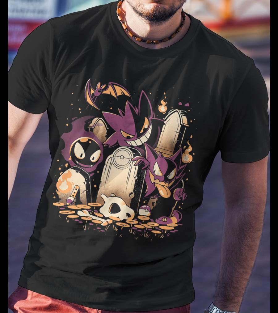 Pokemon Gastly Haunter Gengar Spooky Graveyard Scene With Fire And Skull T-Shirt