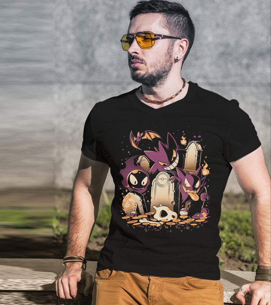 Pokemon Gastly Haunter Gengar Spooky Graveyard Scene With Fire And Skull T-Shirt
