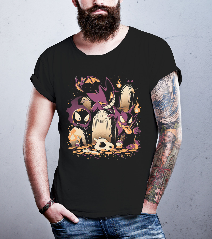 Pokemon Gastly Haunter Gengar Spooky Graveyard Scene With Fire And Skull T-Shirt