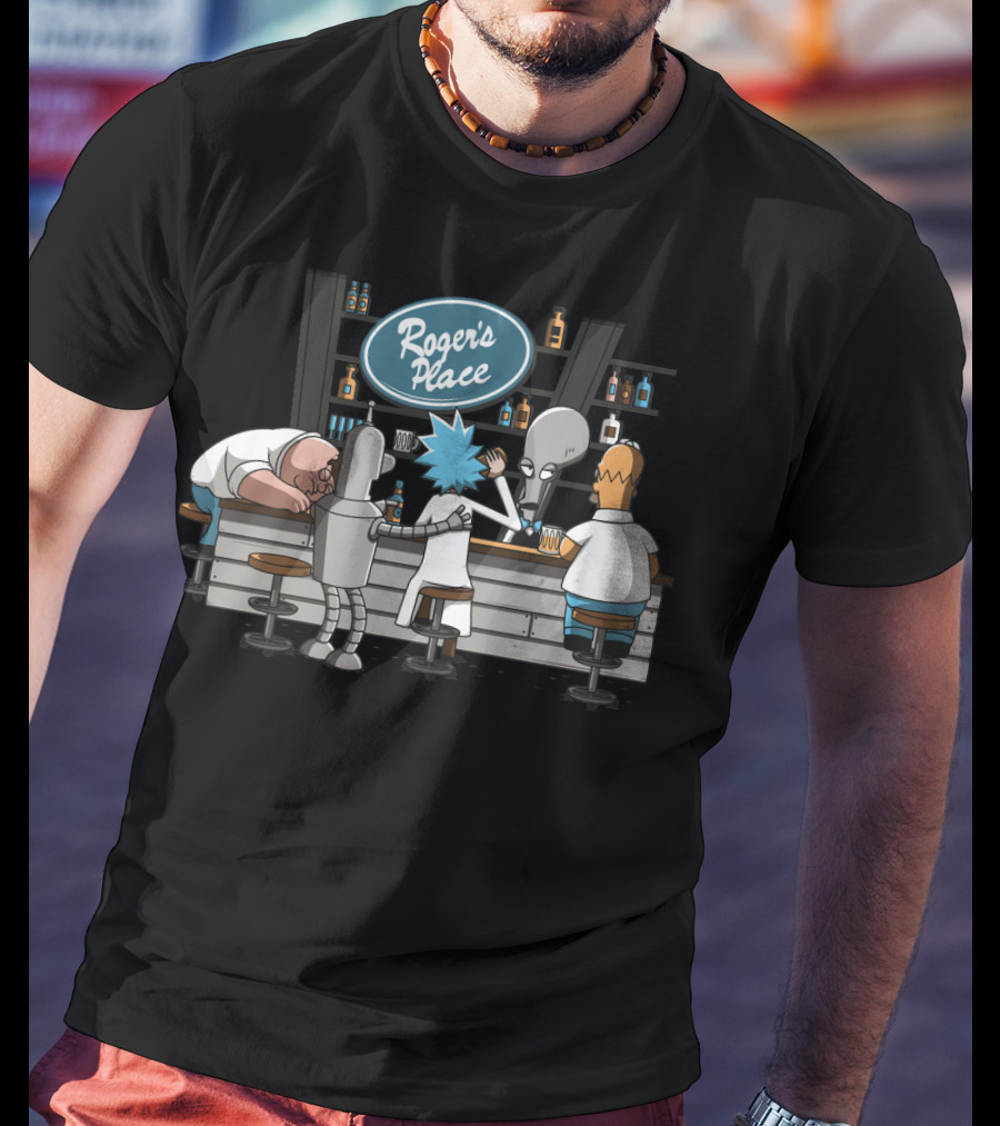 Rick And Morty Meets Roger American Dad Bar Scene Featuring Iconic Characters At Roger's Place T-Shirt