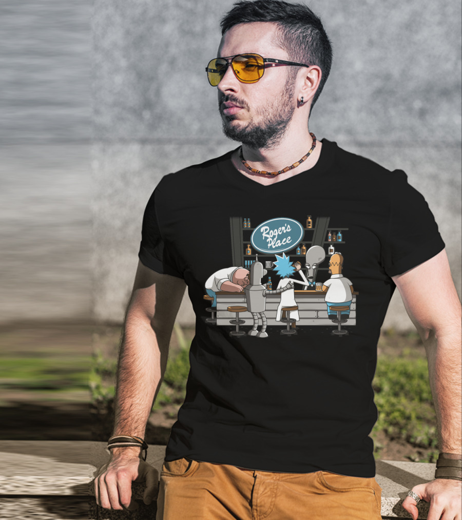 Rick And Morty Meets Roger American Dad Bar Scene Featuring Iconic Characters At Roger's Place T-Shirt