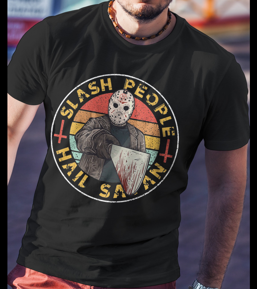 Slash People Hail Satan Jason Voorhees Horror Vintage Retro Mask Bloody Cleaver T-Shirt