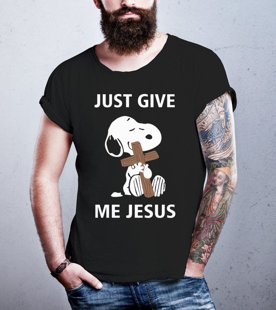 Snoopy Holding Cross With Just Give Me Jesus Text T-Shirt