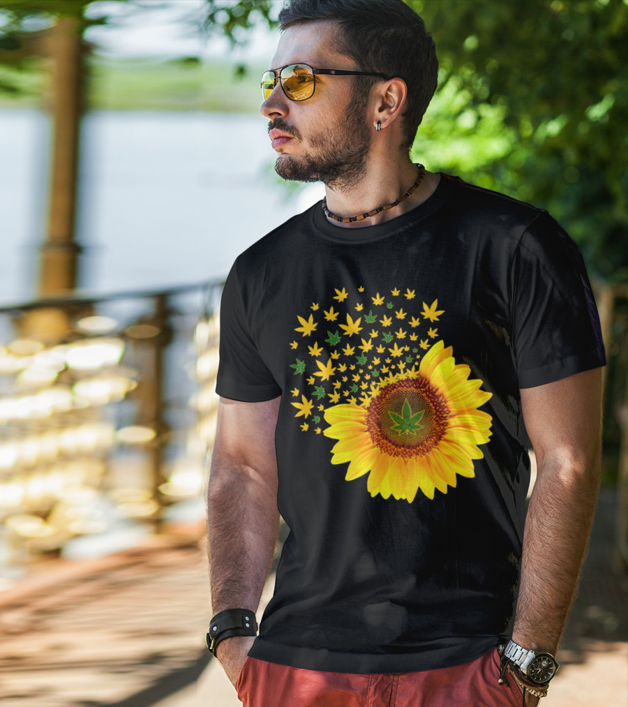 Sunflower With Dispersing Yellow And Green Weed Leaves T-Shirt