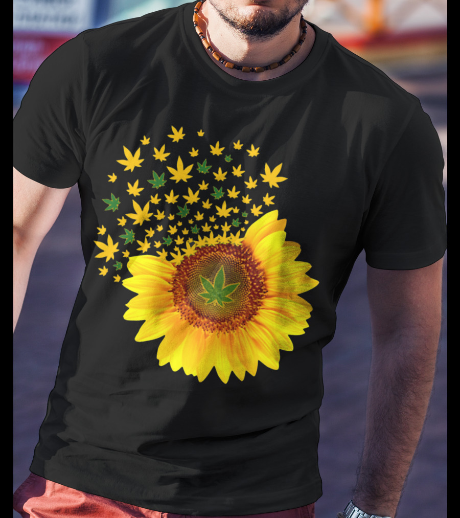 Sunflower With Dispersing Yellow And Green Weed Leaves T-Shirt
