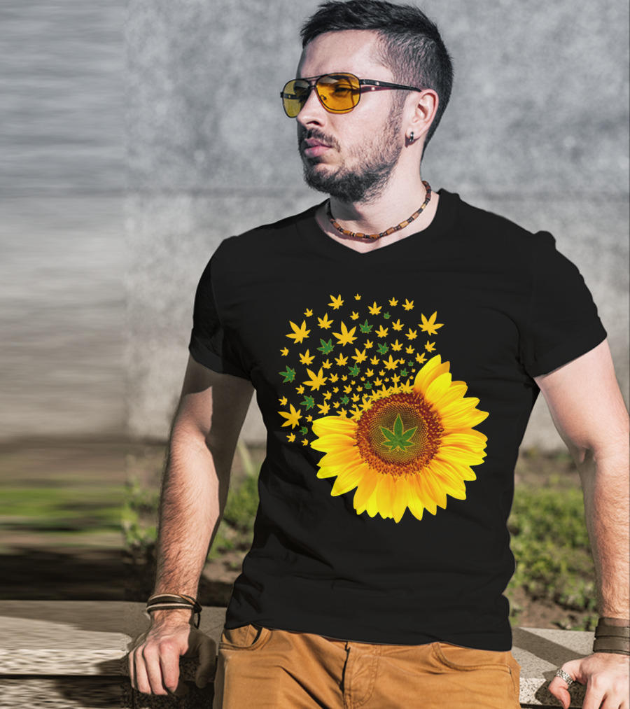 Sunflower With Dispersing Yellow And Green Weed Leaves T-Shirt