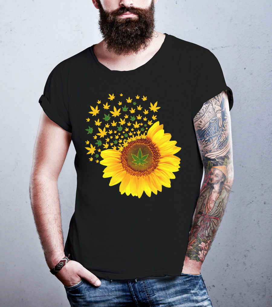 Sunflower With Dispersing Yellow And Green Weed Leaves T-Shirt