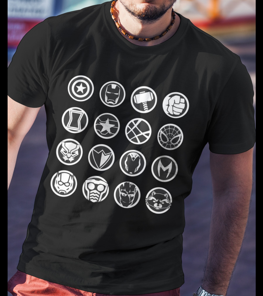 Avengers Infinity War Heroes Icon Captain America Iron Man Thor Hulk Black Widow Star Lord Spider-Man Black Panther Vision Doctor Strange Ant-Man Groot Rocket Raccoon T-Shirt