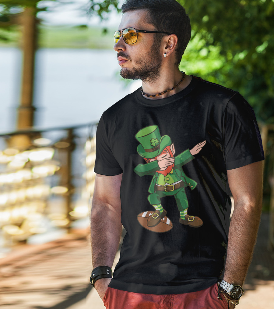 Leprechaun Dabbing On Football With Clover Hat T-Shirt