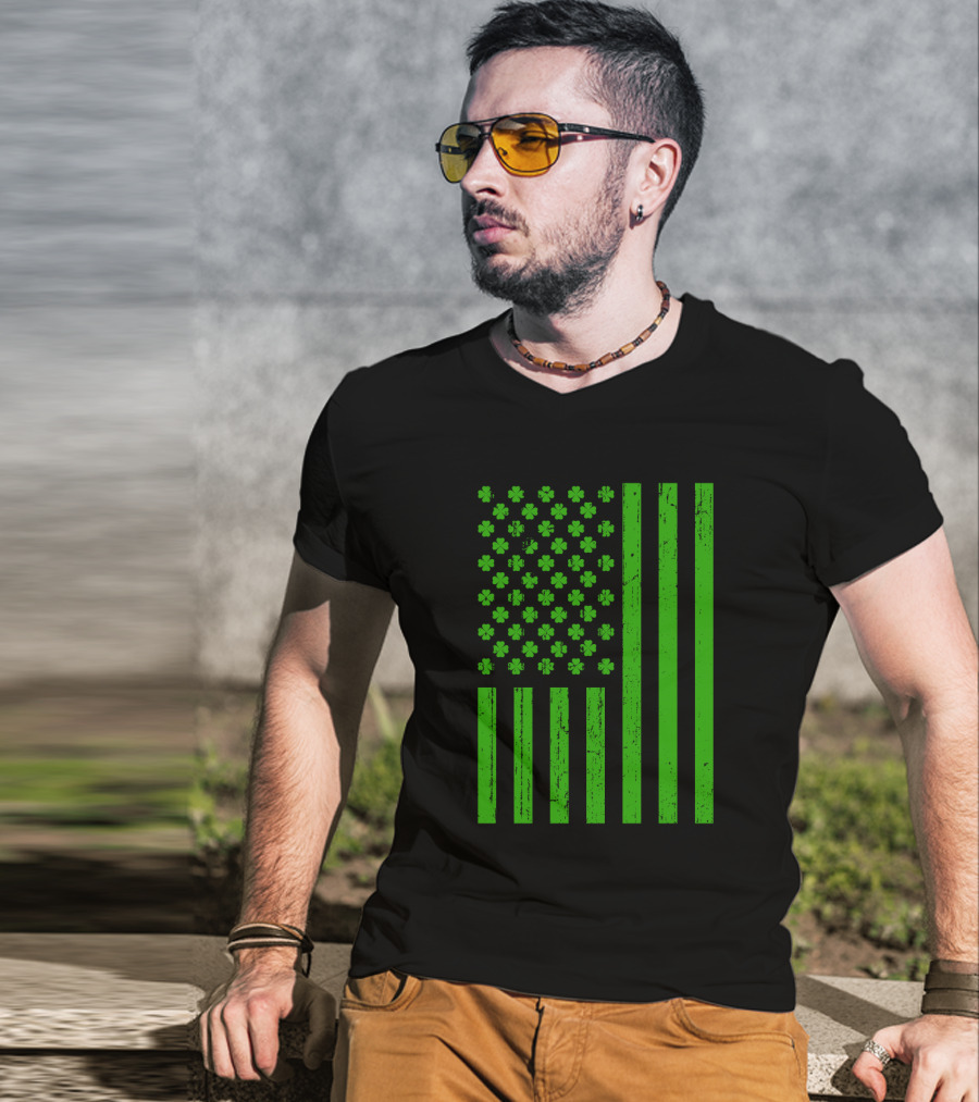Happy St. Patrick's Day Shamrock American Flag Irish T-Shirt