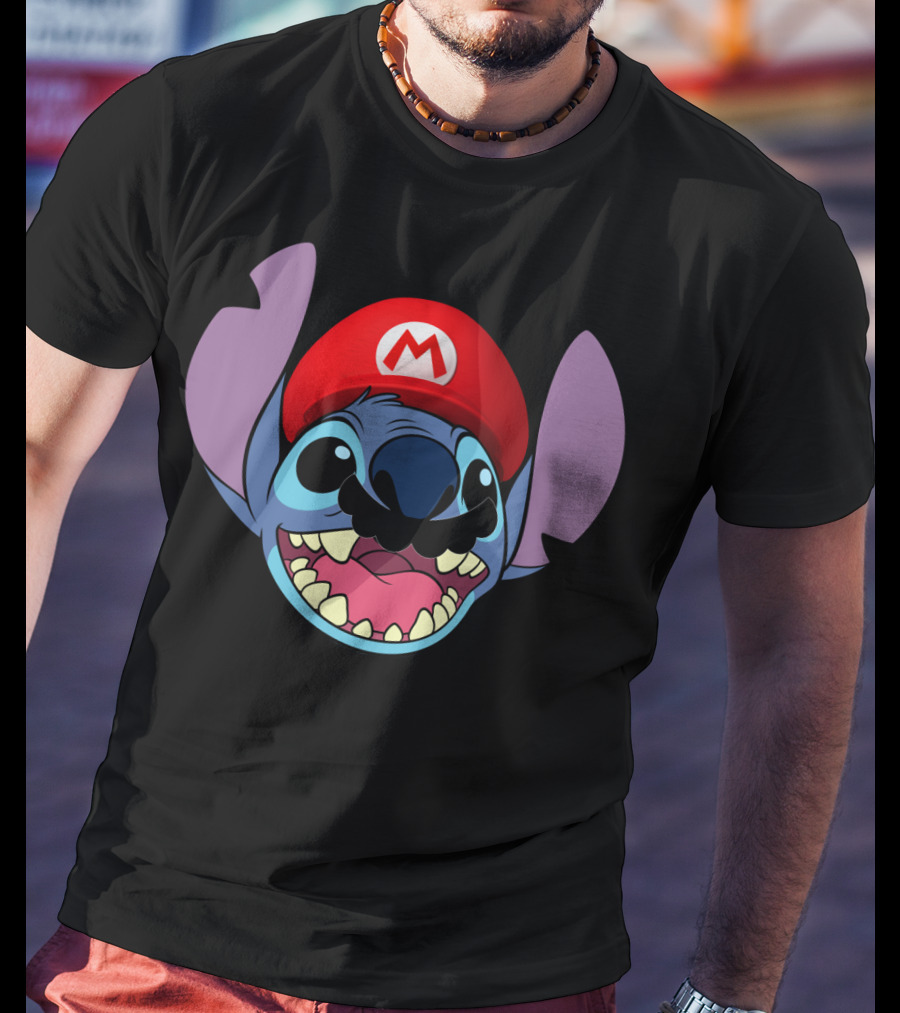 Stitch Wearing Mario Hat And Mustache Cartoon Crossover T-Shirt