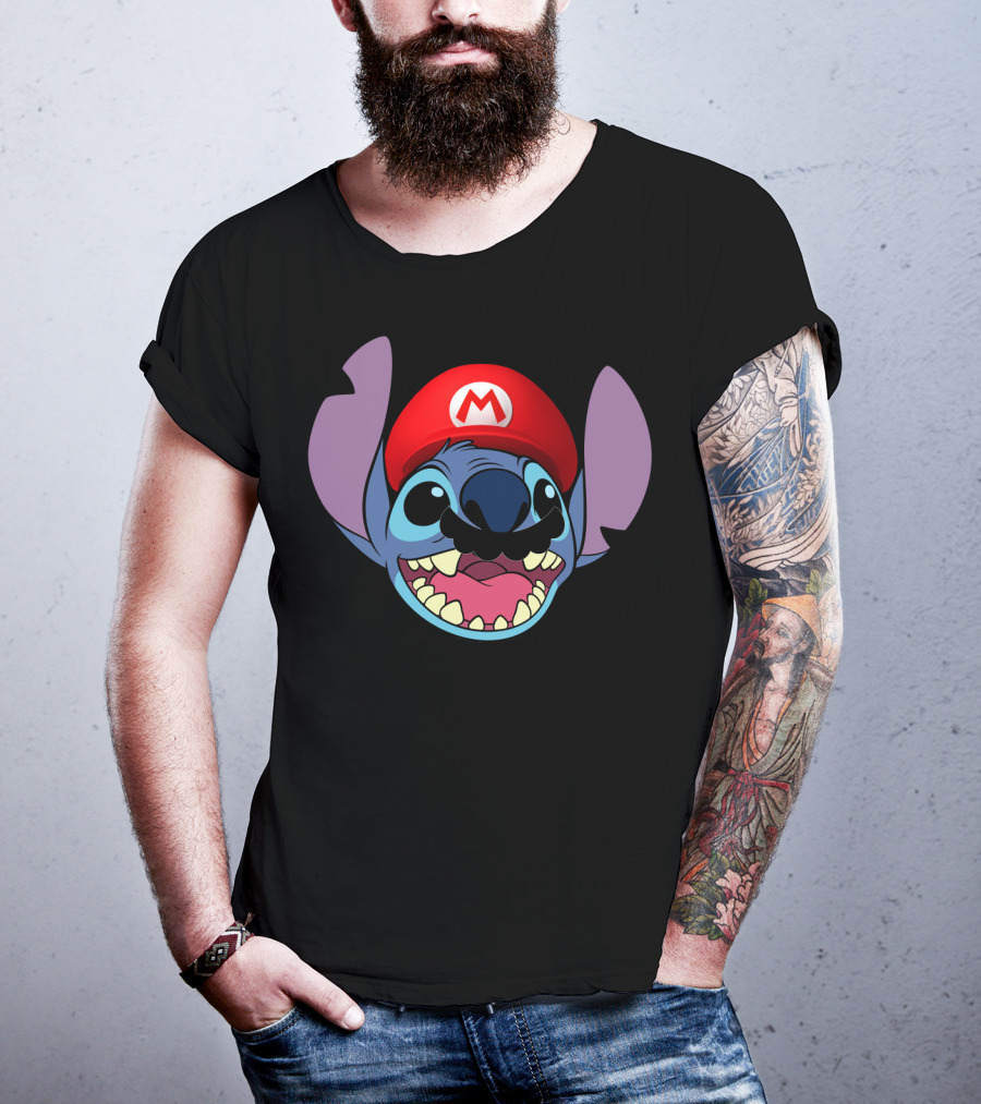 Stitch Wearing Mario Hat And Mustache Cartoon Crossover T-Shirt