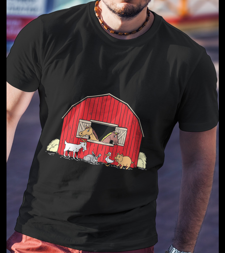 Barnyard Animals Red Barn Horses Pig Goat Duck Scene T-Shirt