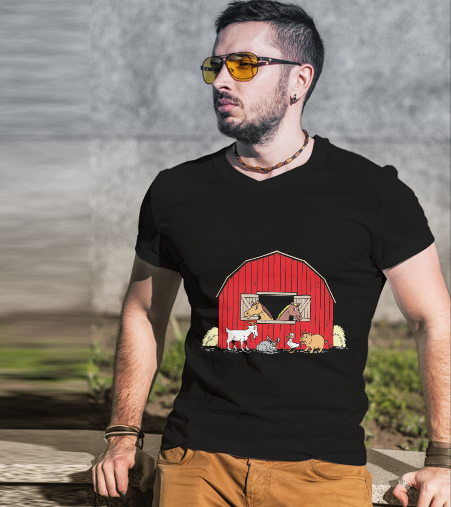 Barnyard Animals Red Barn Horses Pig Goat Duck Scene T-Shirt