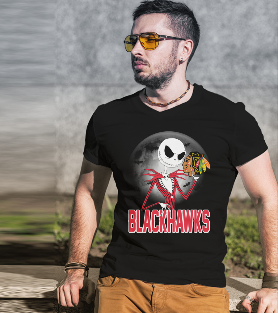 Jack Skellington Halloween Full Moon Chicago Blackhawks Collaboration T-Shirt