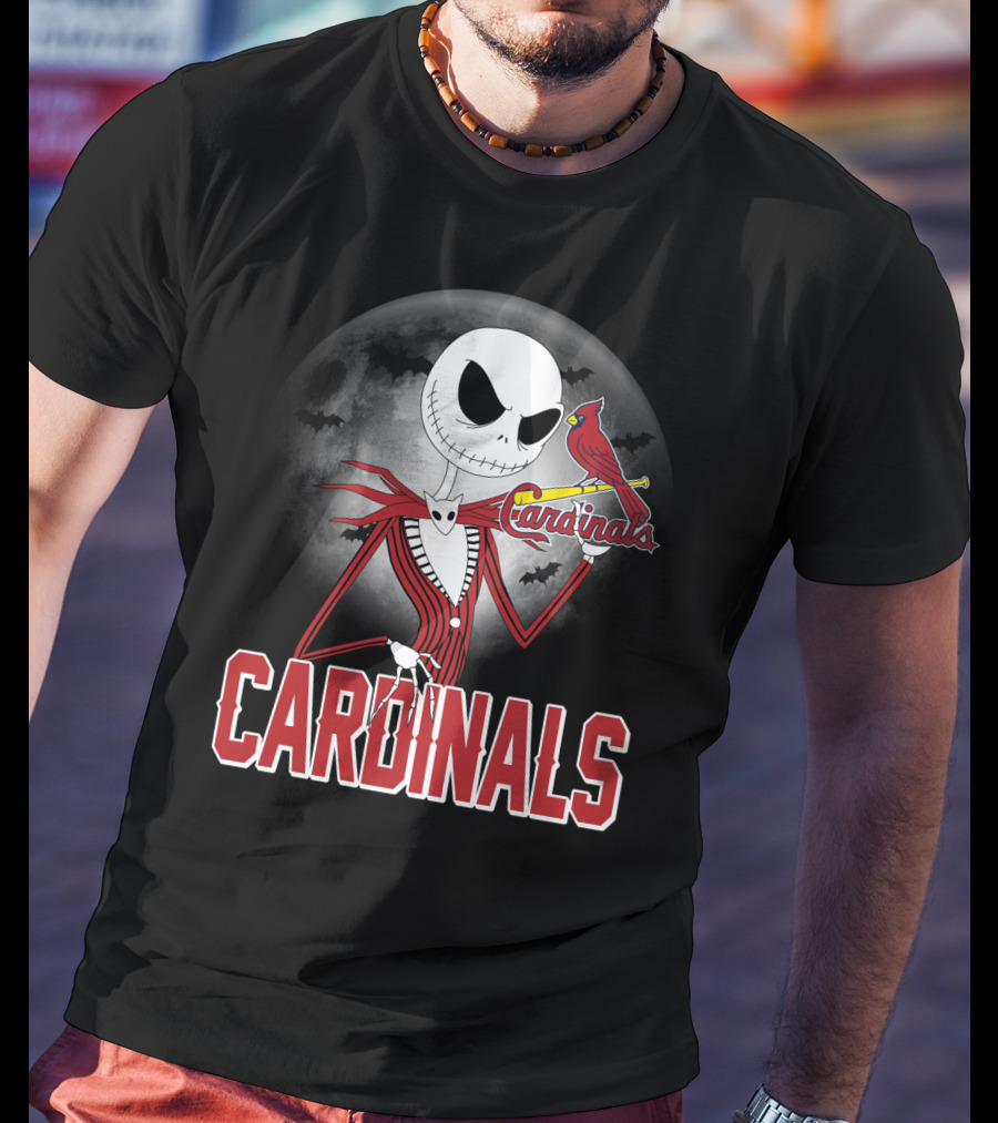 Cardinals Jack Skeleton Halloween St. Louis Cardinals Logo Moon Background T-Shirt