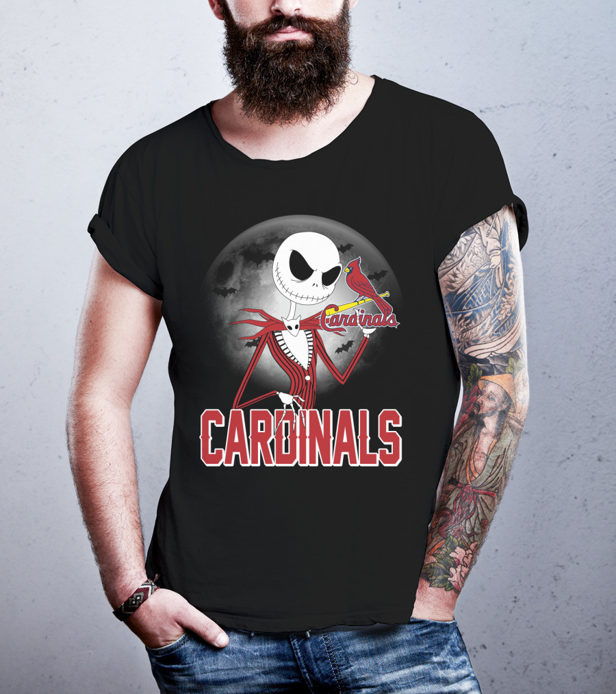 Cardinals Jack Skeleton Halloween St. Louis Cardinals Logo Moon Background T-Shirt