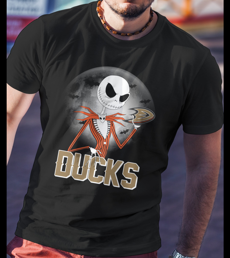 Jack Skellington Anaheim Ducks Halloween Moon And Bats T-Shirt