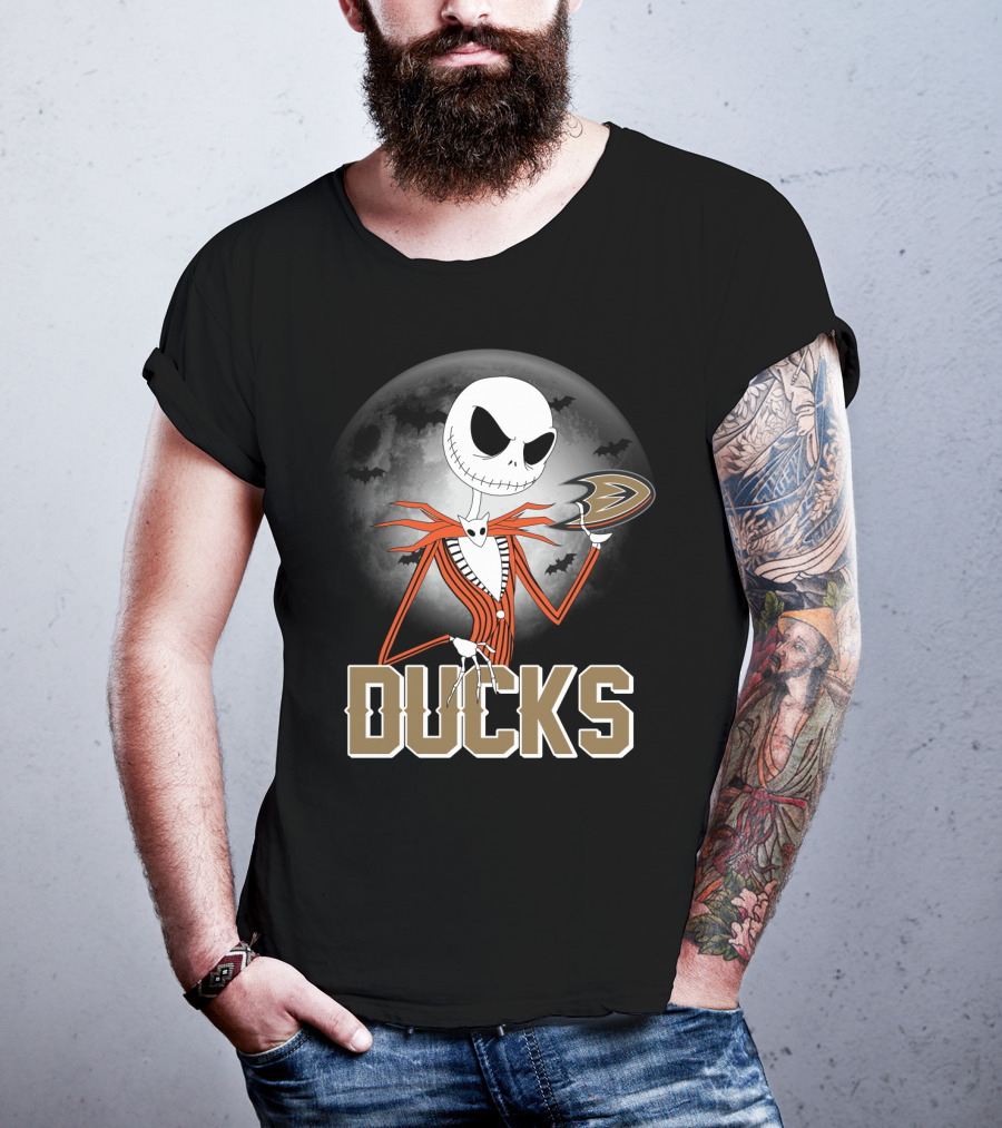 Jack Skellington Anaheim Ducks Halloween Moon And Bats T-Shirt