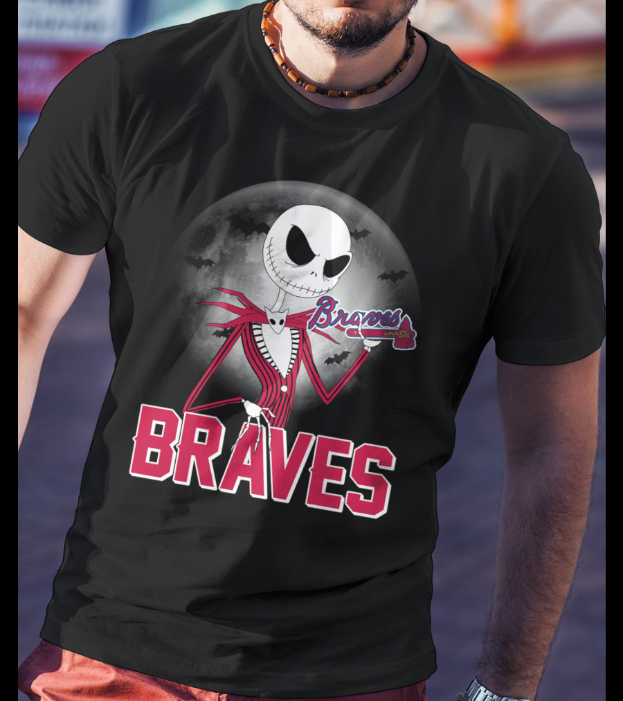 Jack Skellington Braves Halloween With Atlanta Baseball Moon And Bats T-Shirt