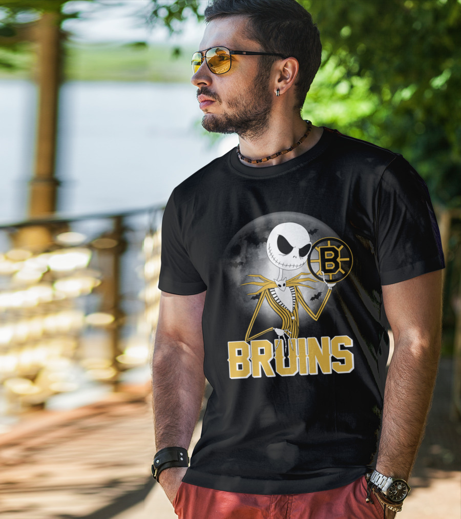 Jack Skellington Halloween Boston Bruins Moon And Bats T-Shirt