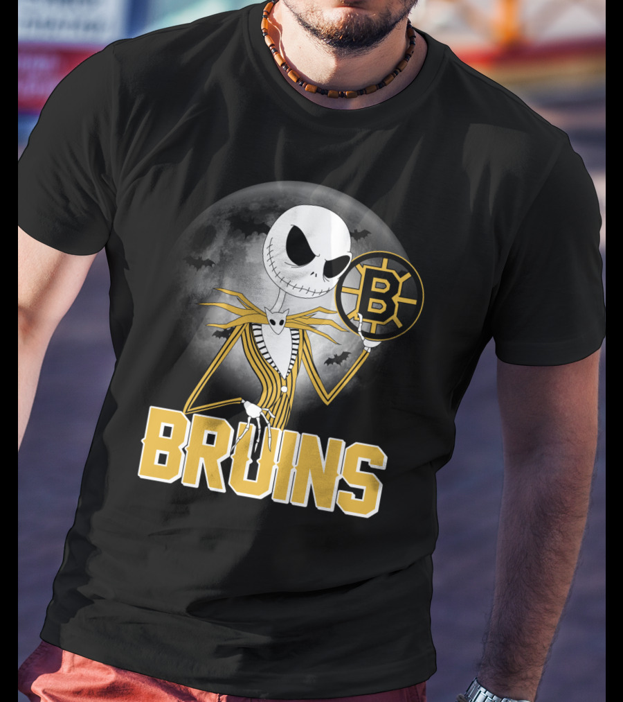 Jack Skellington Halloween Boston Bruins Moon And Bats T-Shirt