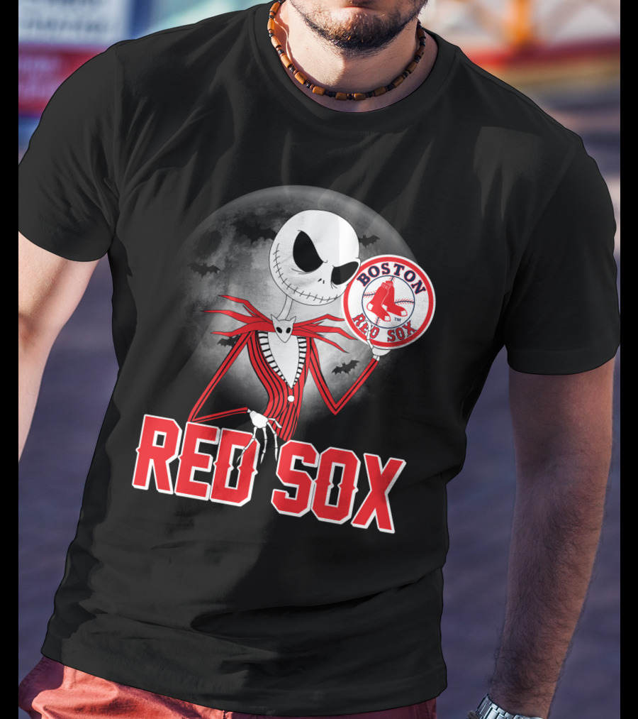 Jack Skellington Holding Boston Red Sox Logo With Halloween Moon Background T-Shirt