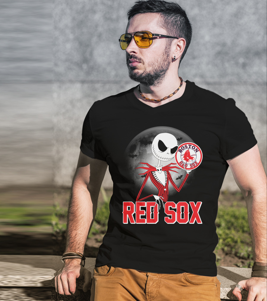 Jack Skellington Holding Boston Red Sox Logo With Halloween Moon Background T-Shirt
