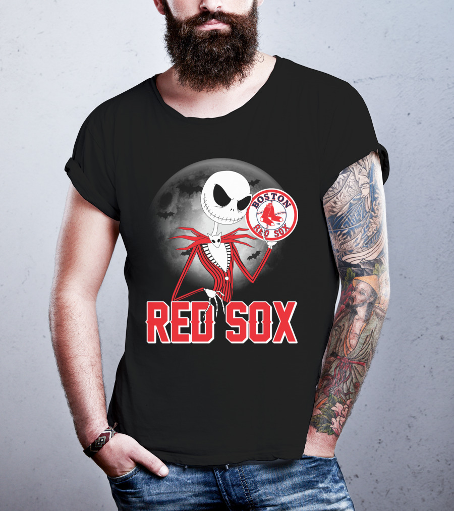 Jack Skellington Holding Boston Red Sox Logo With Halloween Moon Background T-Shirt