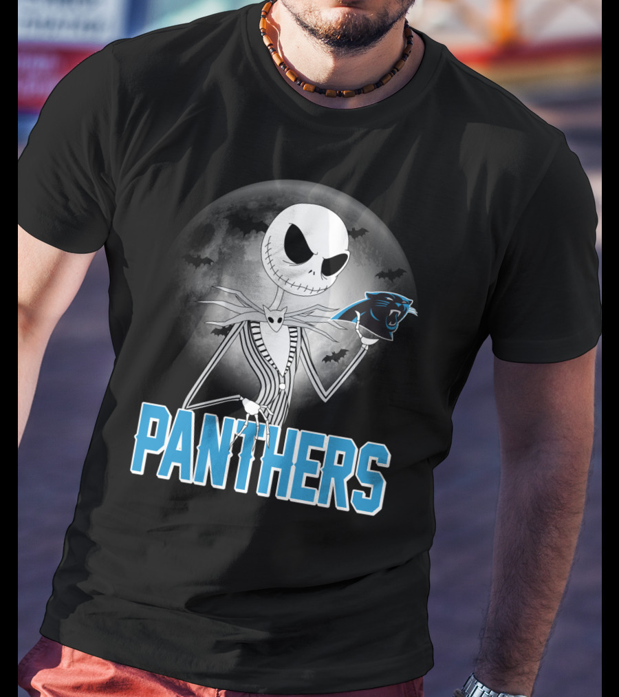 Jack Skellington Panthers Halloween Carolina Panthers Logo Moon Bats T-Shirt