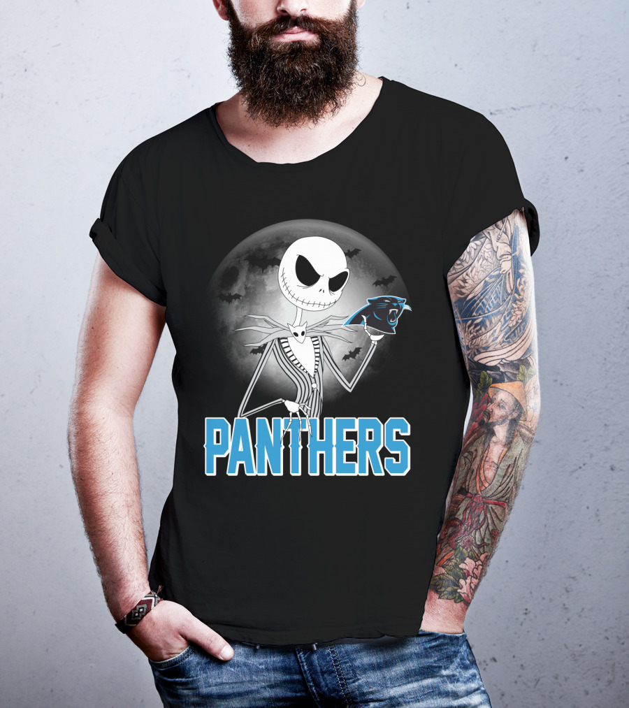 Jack Skellington Panthers Halloween Carolina Panthers Logo Moon Bats T-Shirt