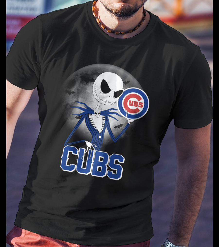 Jack Skellington Halloween Cubs Logo Fans With Full Moon And Bats T-Shirt