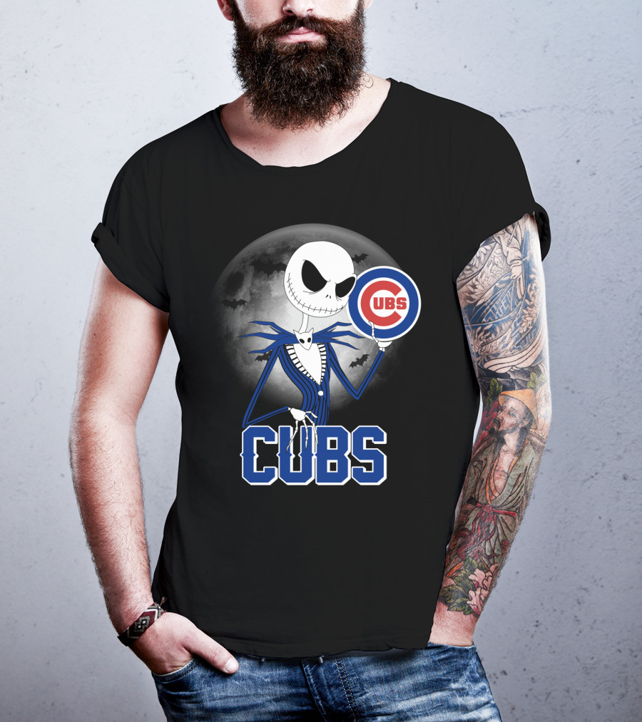 Jack Skellington Halloween Cubs Logo Fans With Full Moon And Bats T-Shirt