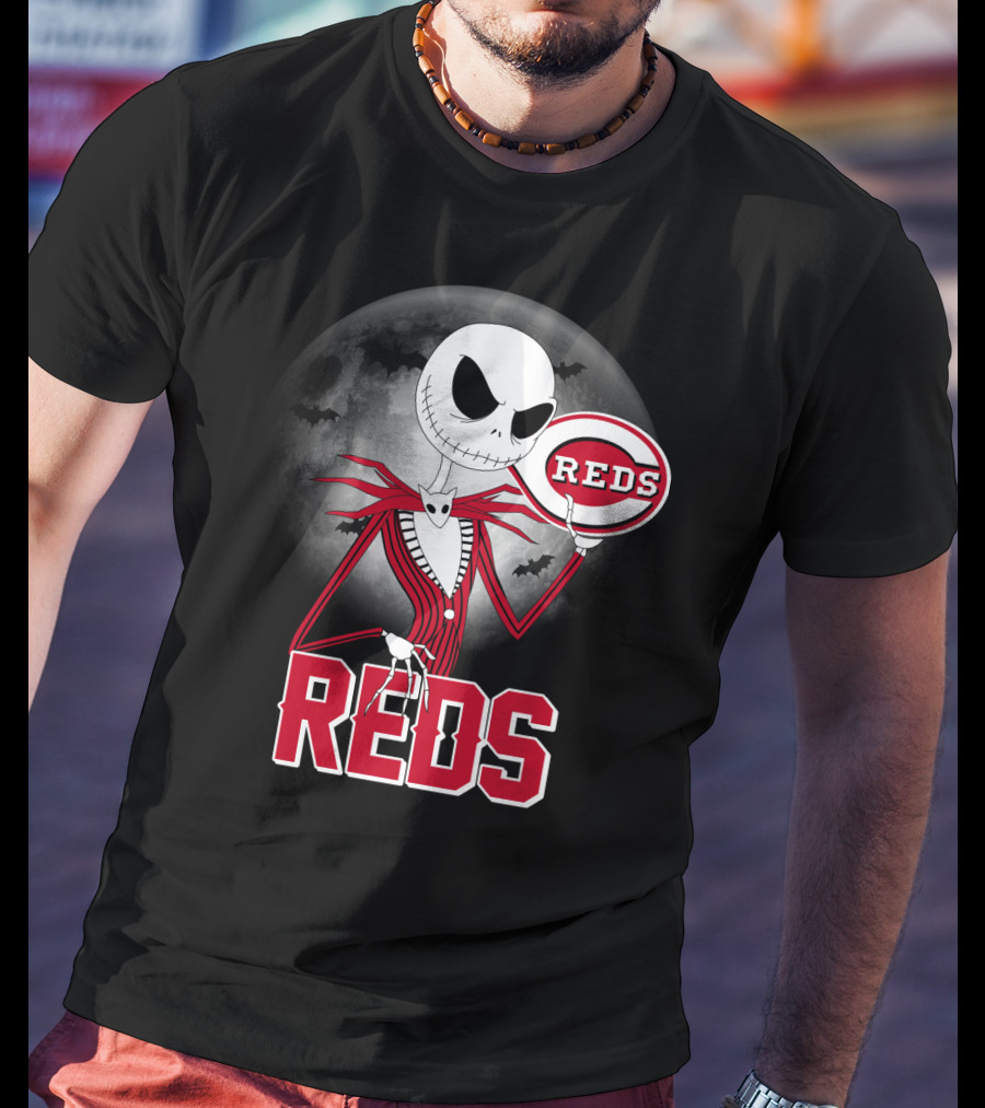 Jack Skellington With Cincinnati Reds Logo Halloween T-Shirt
