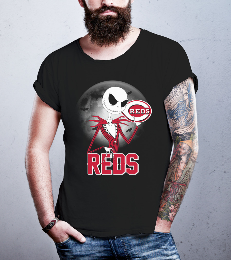 Jack Skellington With Cincinnati Reds Logo Halloween T-Shirt