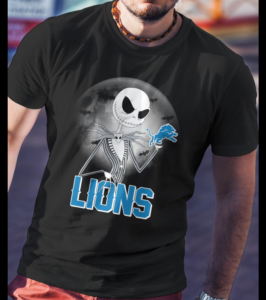 Jack Skellington Detroit Lions Halloween Night Full Moon Bats T-Shirt