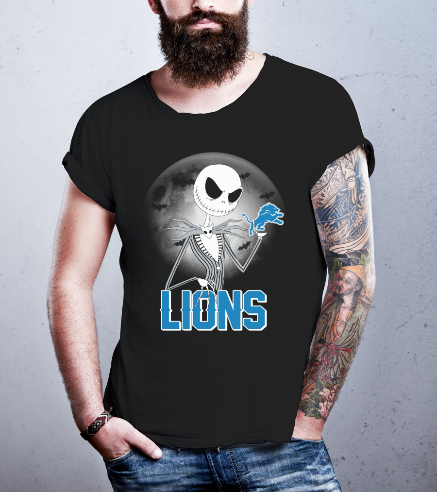 Jack Skellington Detroit Lions Halloween Night Full Moon Bats T-Shirt