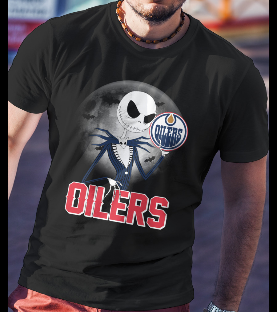 Jack Skellington Edmonton Oilers Halloween Moon Background T-Shirt