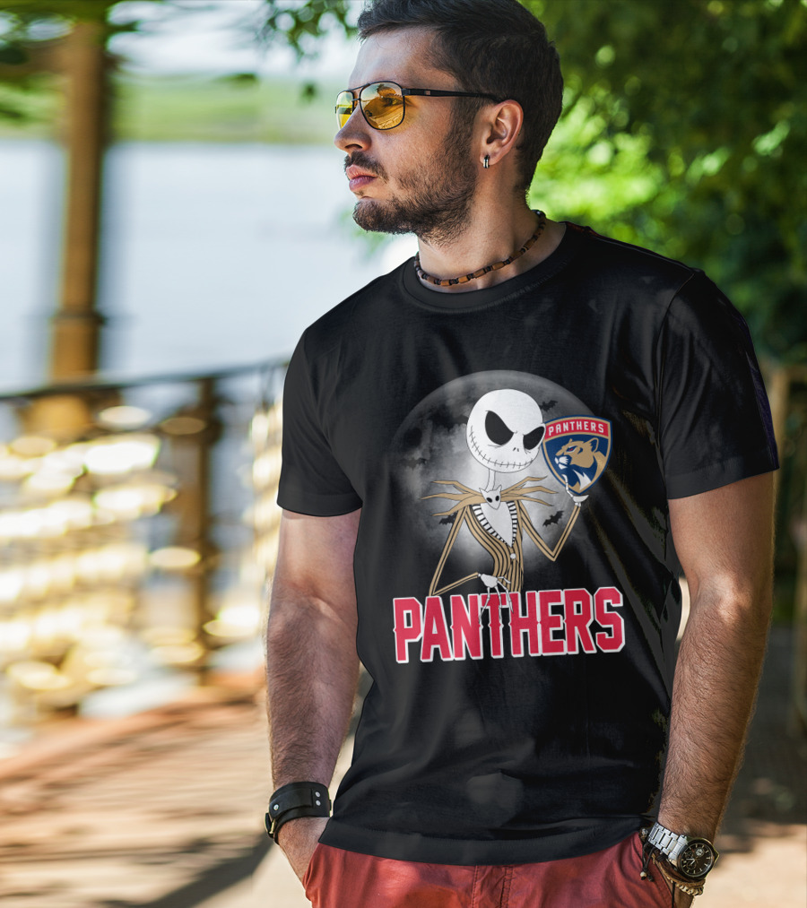 Jack Skellington Holding Florida Panthers Logo Halloween Moon Background T-Shirt